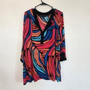 Dana Buchman Woman 1X Bold Abstract Print V Neck Long Sleeve Tunic Top